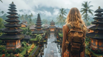 Woman With Backpack Gazing at Balinese Temple in Misty Mountains, Tropics © AS Photo Family