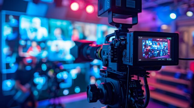 A video camera is positioned in front of a television screen, capturing the scene playing on the screen.