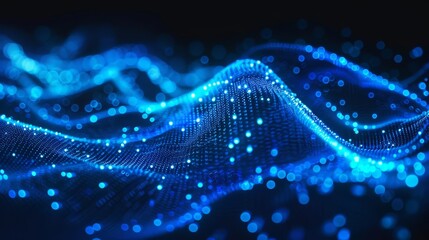 Abstract digital background with blue glowing dots and wavy lines on dark blue background Big data, futuristic technology concept Abstract wave moving from left to right