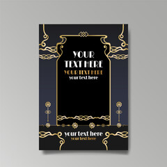 Modern Art Nuevo luxury template golden-black, A4 page, menu, card, invitation, lines flowers and city lights