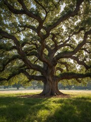 Fototapeta premium Majestic oak tree stands in lush meadow, with thick trunk, gnarled branches that tell story of age, resilience. Sunlight filters through dense canopy of vibrant green leaves.