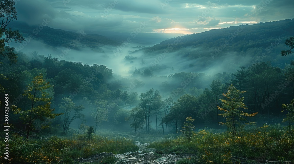 Poster a small wooded valley at dusk there is fog and a mysterious. generative ai.