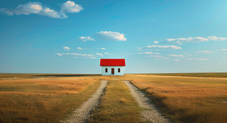 Wide vista of tiny white house with red roof in center of screen, centered on horizon line between blue sky and green fields. Generative AI.