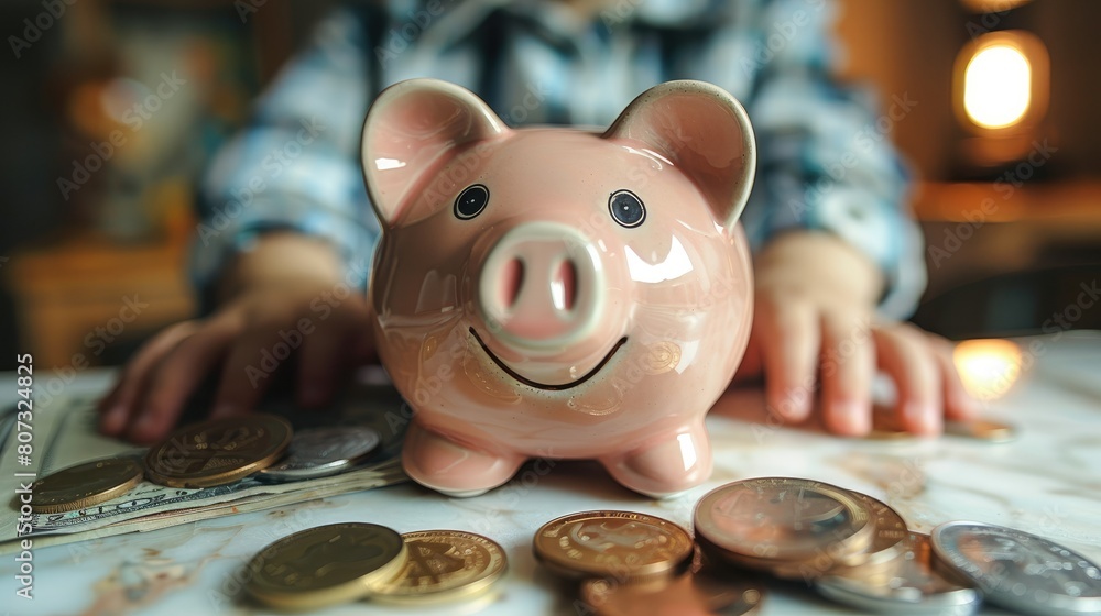Poster a piggy bank being filled with coins and bills, symbolizing the act of saving money. generative ai.