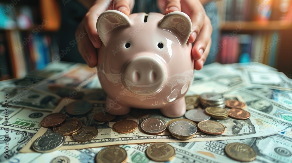 Poster a piggy bank being filled with coins and bills, symbolizing the act of saving money. generative ai.