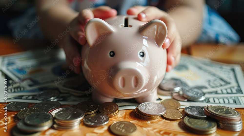 Poster a piggy bank being filled with coins and bills, symbolizing the act of saving money. generative ai.