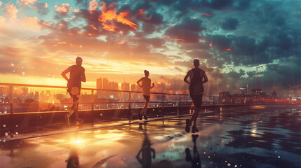 Fototapeta premium Group of People Running Across a Bridge
