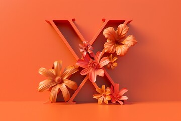 3D Render Letter X with Engraved Flowers on Orange Background