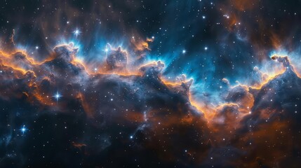Obraz premium amazing nebula, dark blue and orange, stars in background, cinematic, epic, space, galaxy, universe, fantasy