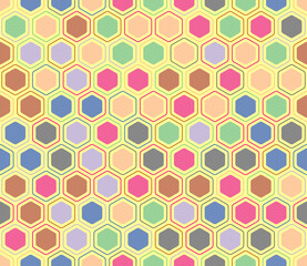 Abstract vector background. Rounded hexagons mosaic pattern with inner solid cells. Hexagonal shapes. Multiple tones color palette. Seamless pattern. Tileable vector illustration.