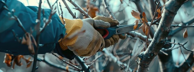close-up of a man cutting branches on a tree