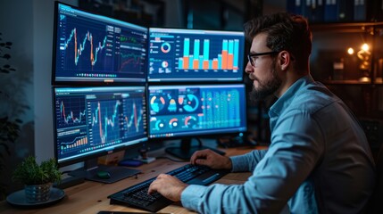 Professional analyzing intricate financial data on multiple computer screens in a dimly lit workspace