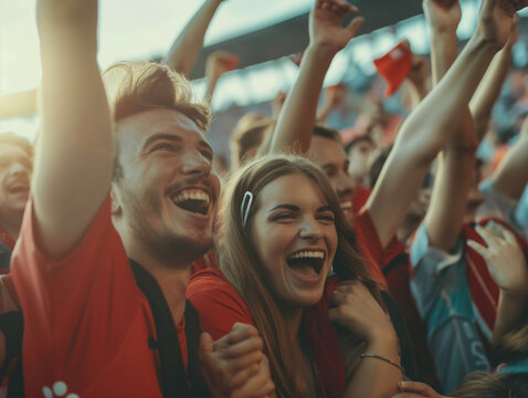 Junges P&auml;rchen zeigt Freunde &uuml;ber den Sieg einer Fu&szlig;ballmannschaft. Fans beim Feiern ihrer Mannschaft.