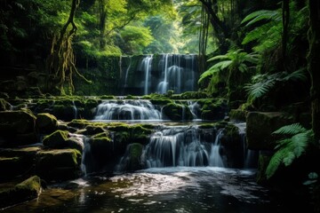 Lush green tropical waterfall in forest