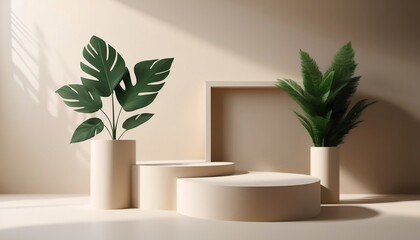 Product display podium scene decorated with olive leaves stock illustration created with generative ai