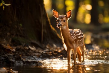 Cute deer standing in water during golden hour