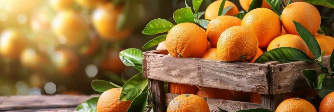 Sun drenched citrus orchard brimming with ripe oranges in rustic wooden crate under golden sunlight - Powered by Adobe
