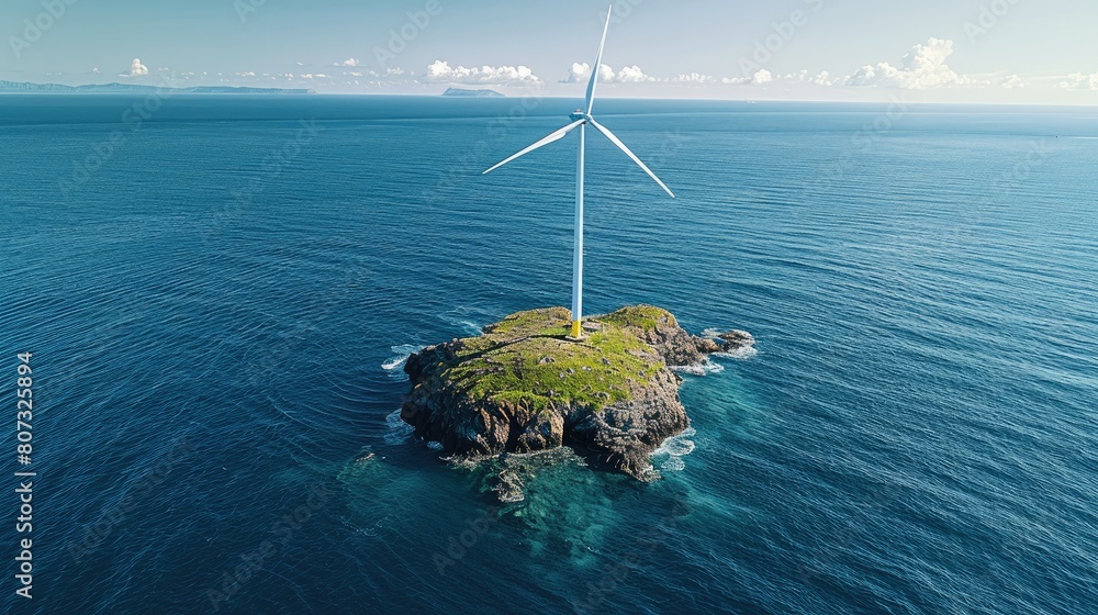 Poster A single wind turbine on a small island, surrounded by blue sea, emphasizing isolation and the importance of local power solutions in remote locations. Generative AI.