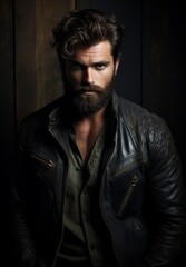 Fototapeta premium Rugged man with beard in leather jacket
