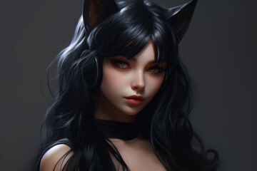 Fototapeta premium Mysterious dark-haired woman with cat ears