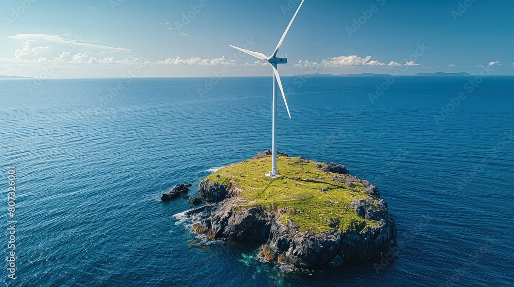 Aufkleber A single wind turbine on a small island, surrounded by blue sea, emphasizing isolation and the importance of local power solutions in remote locations. Generative AI.
