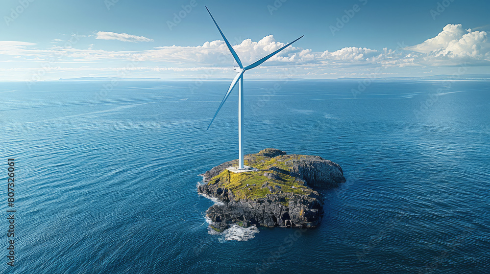 Aufkleber A single wind turbine on a small island, surrounded by blue sea, emphasizing isolation and the importance of local power solutions in remote locations. Generative AI.