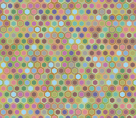 Abstract pattern of geometric shapes. Bold rounded hexagons mosaic pattern with inner solid cells. Hexagon geometric shapes. Multiple tones color palette. Seamless pattern.