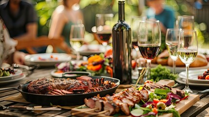 a table in nature, barbecue, wine glasses
