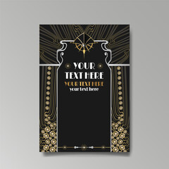 Modern Art Nuevo luxury template golden-black, A4 page, menu, card, invitation, lines flowers and city lights