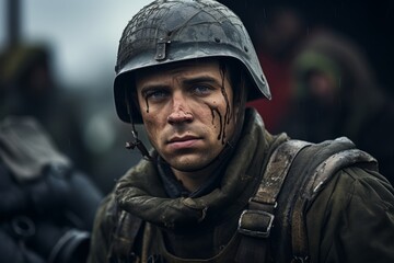 Naklejka premium Gritty portrait of a battle-worn soldier