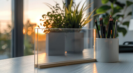 A clear acrylic nameplate with a minimalist design, set on an office desk, providing space for individual text or branding elements. The background is white and clean. Generative AI.