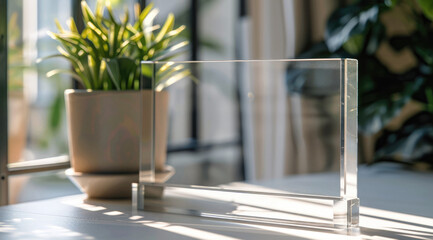 A clear acrylic nameplate with a minimalist design, set on an office desk, providing space for individual text or branding elements. The background is white and clean. Generative AI.