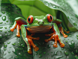 A Red-eyed tree frog on a leaf with blurred background