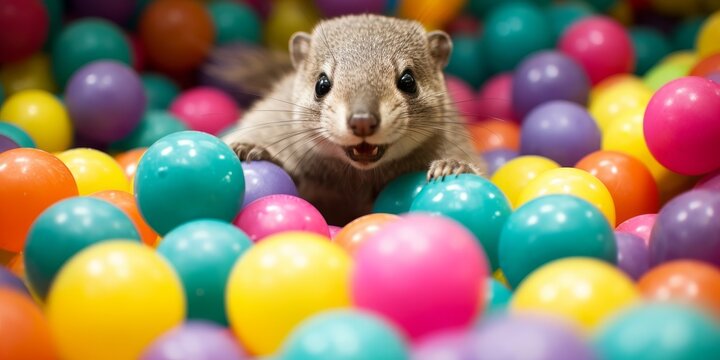 Cute squirrel surrounded by colorful balls