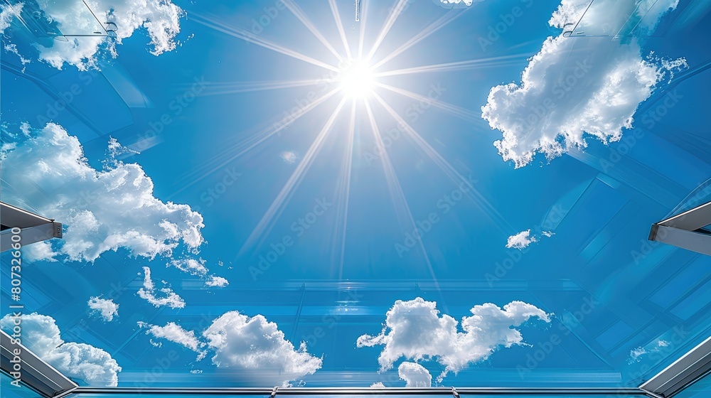 Poster a diagonal bottom view from inside a transparent polycarbonate roof terrace with a radiant glimpse o