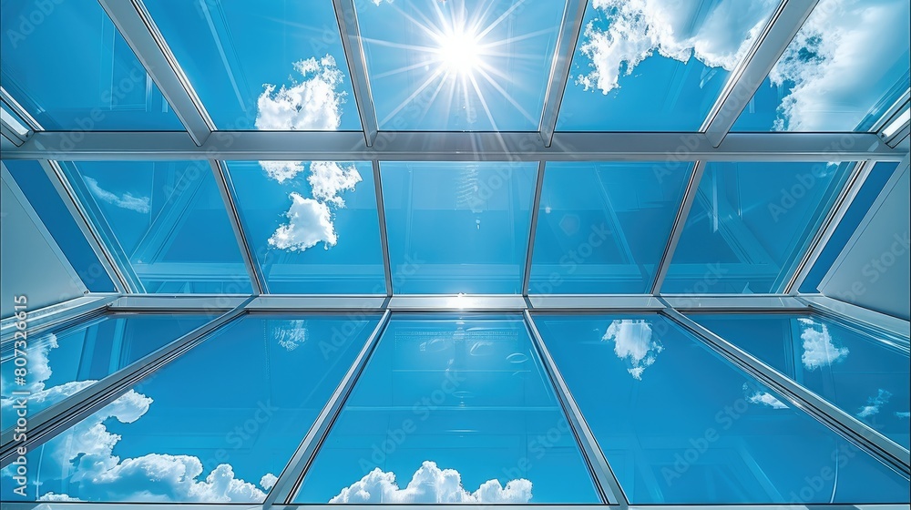 Poster A Diagonal bottom view from inside a transparent polycarbonate roof terrace with a radiant glimpse of a sky. Bright sunny day. Generative AI.