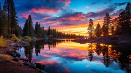 Obraz premium Stunning sunset over a serene mountain lake