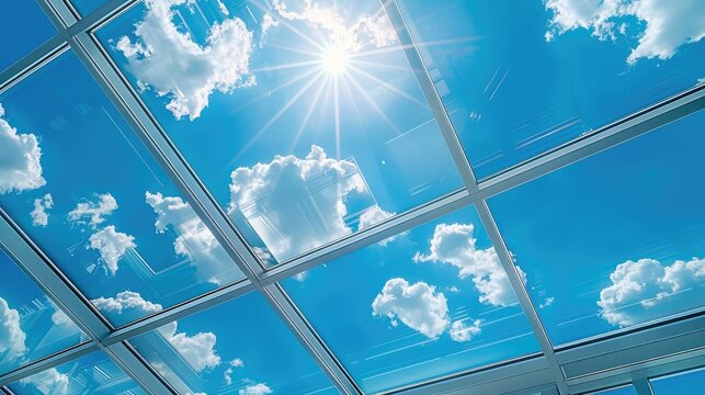 A Diagonal bottom view from inside a transparent polycarbonate roof terrace with a radiant glimpse of a sky. Bright sunny day. Generative AI.