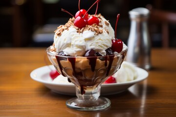 Delicious ice cream sundae with cherries and chocolate syrup