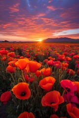 Vibrant poppy field at sunset