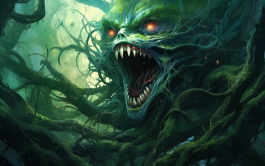 Obraz premium Terrifying green monster with glowing eyes and sharp teeth