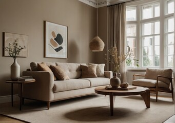 Fototapeta premium Inviting Living Room Warm Colored Furniture , couch and chair in a living room, bay window, apartment