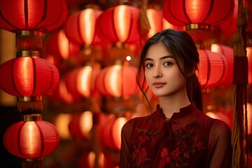 woman in red dress standing in front of red lanterns