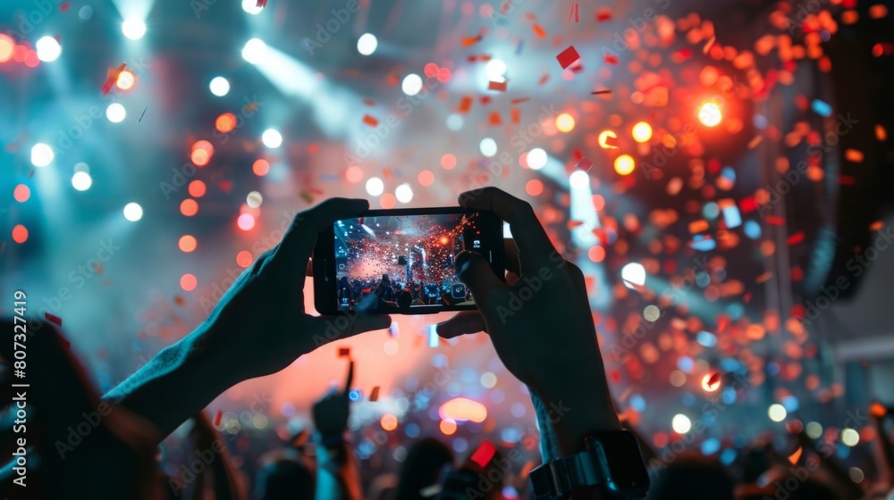 Poster a person is capturing a fireworks display using a cell phone camera.