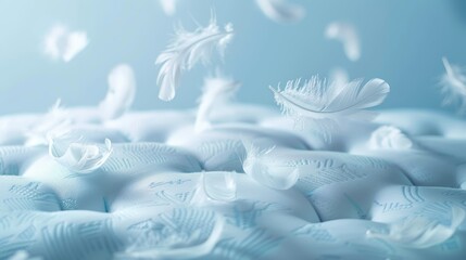 Soft-focus banner on a plush mattress, light blue background with ethereal feathers floating, designed with space for text