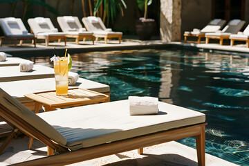 Swimming pool and sun loungers at stylish tropical spa hotel, summertime banner mockup. Summer travel sales and vacation concept.