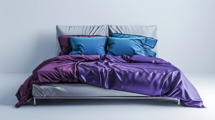Stylish minimalistic bedroom design with a glossy silver bed and sophisticated purple and blue bed linens, shot in studio with space for text