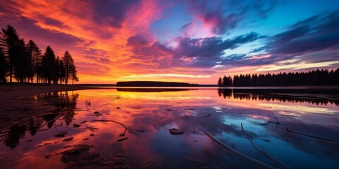 Stunning sunset over a serene lake surrounded by pine trees