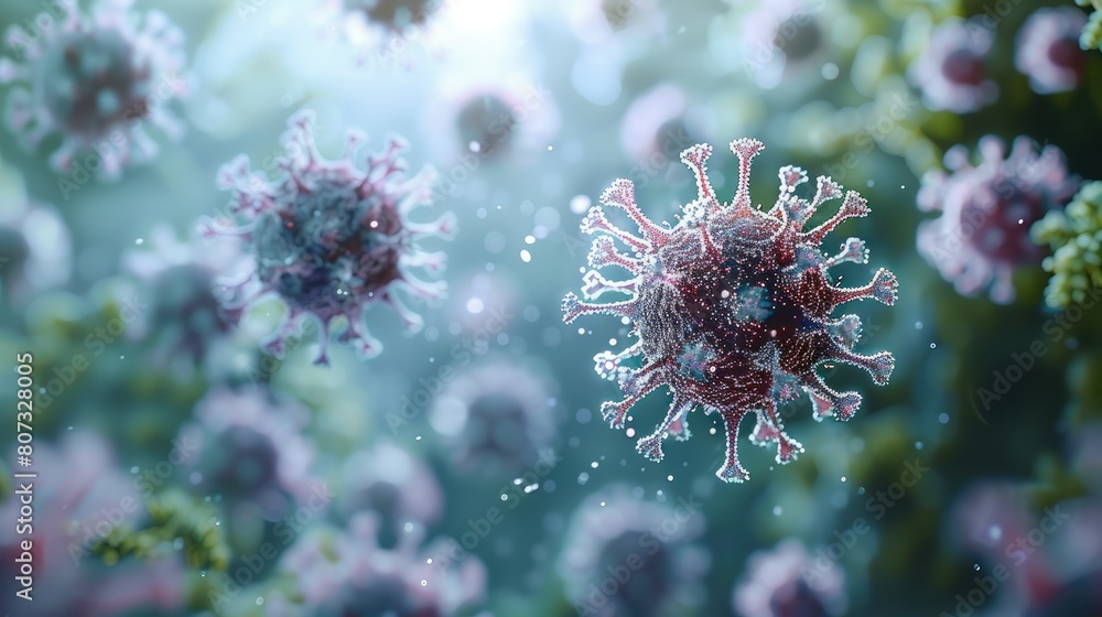 Poster A few clusters of dangerous-looking virus particles floating and interspersed throughout a fitness, highlighting the invisible threat of allergies. Generative AI.