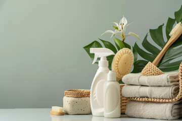 Bottles with eco friendly detergent, eco sponges and cleaning supplies